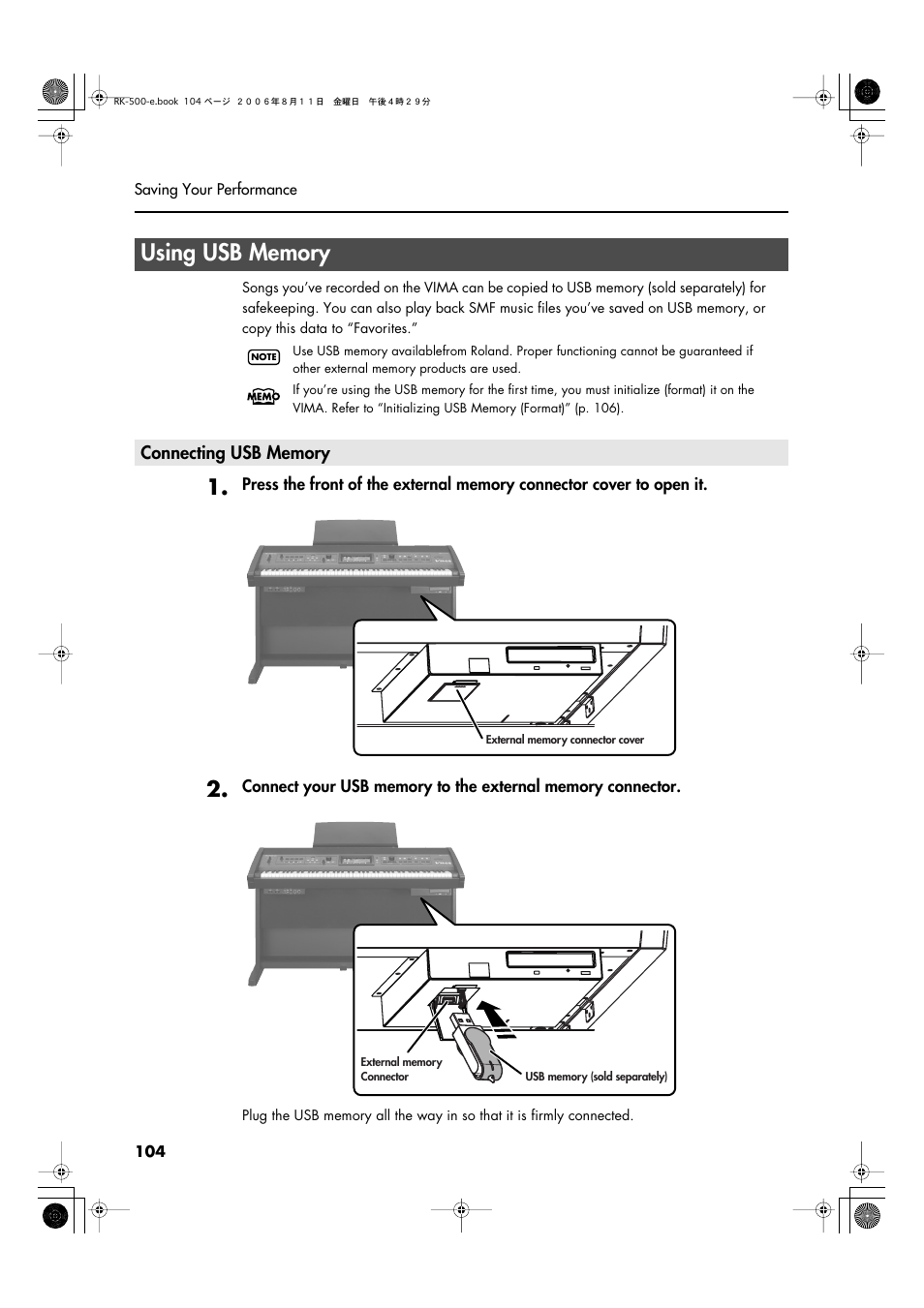 Using usb memory, Connecting usb memory, Before you continue (p. 104) | Roland RK-500 User Manual | Page 105 / 166