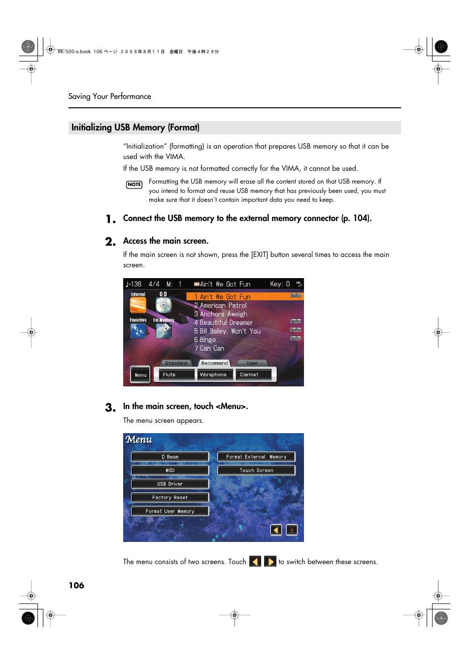 Initializing usb memory (format) | Roland RK-500 User Manual | Page 107 / 166