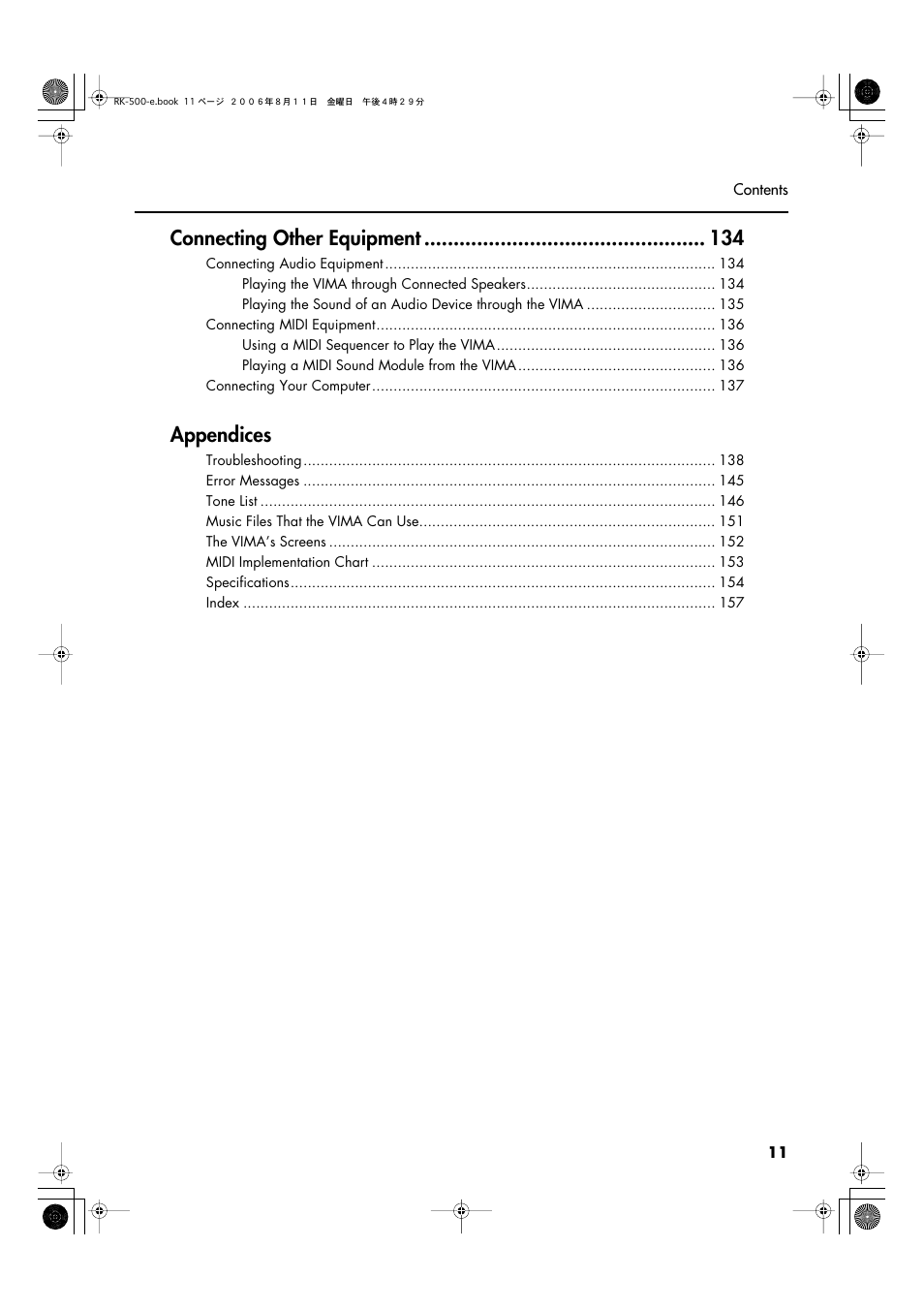 Connecting other equipment, Appendices | Roland RK-500 User Manual | Page 12 / 166