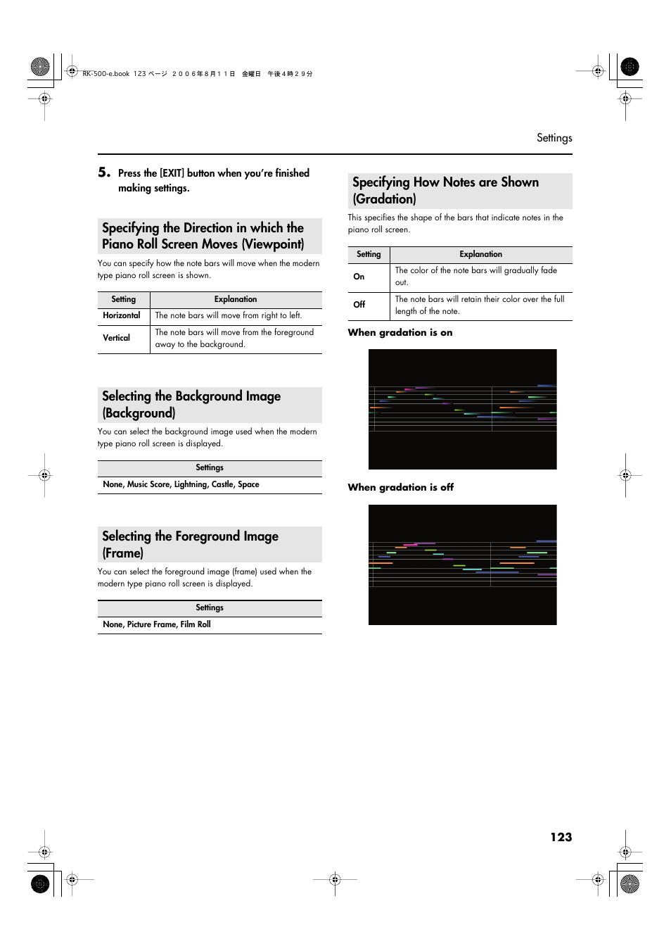 Selecting the background image (background), Selecting the foreground image (frame), Specifying how notes are shown (gradation) | Roland RK-500 User Manual | Page 124 / 166