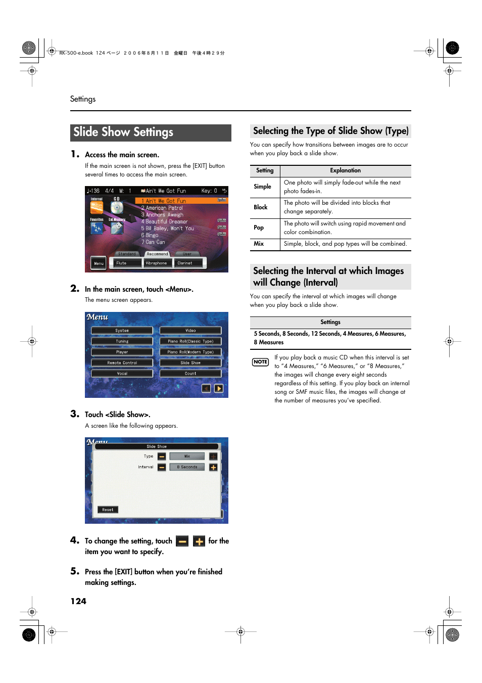 Slide show settings, Selecting the type of slide show (type) | Roland RK-500 User Manual | Page 125 / 166