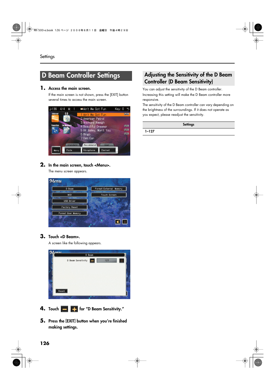 D beam controller settings | Roland RK-500 User Manual | Page 127 / 166