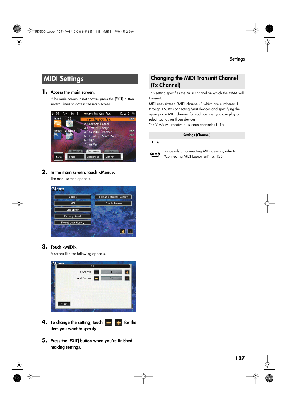 Midi settings, Changing the midi transmit channel (tx channel) | Roland RK-500 User Manual | Page 128 / 166