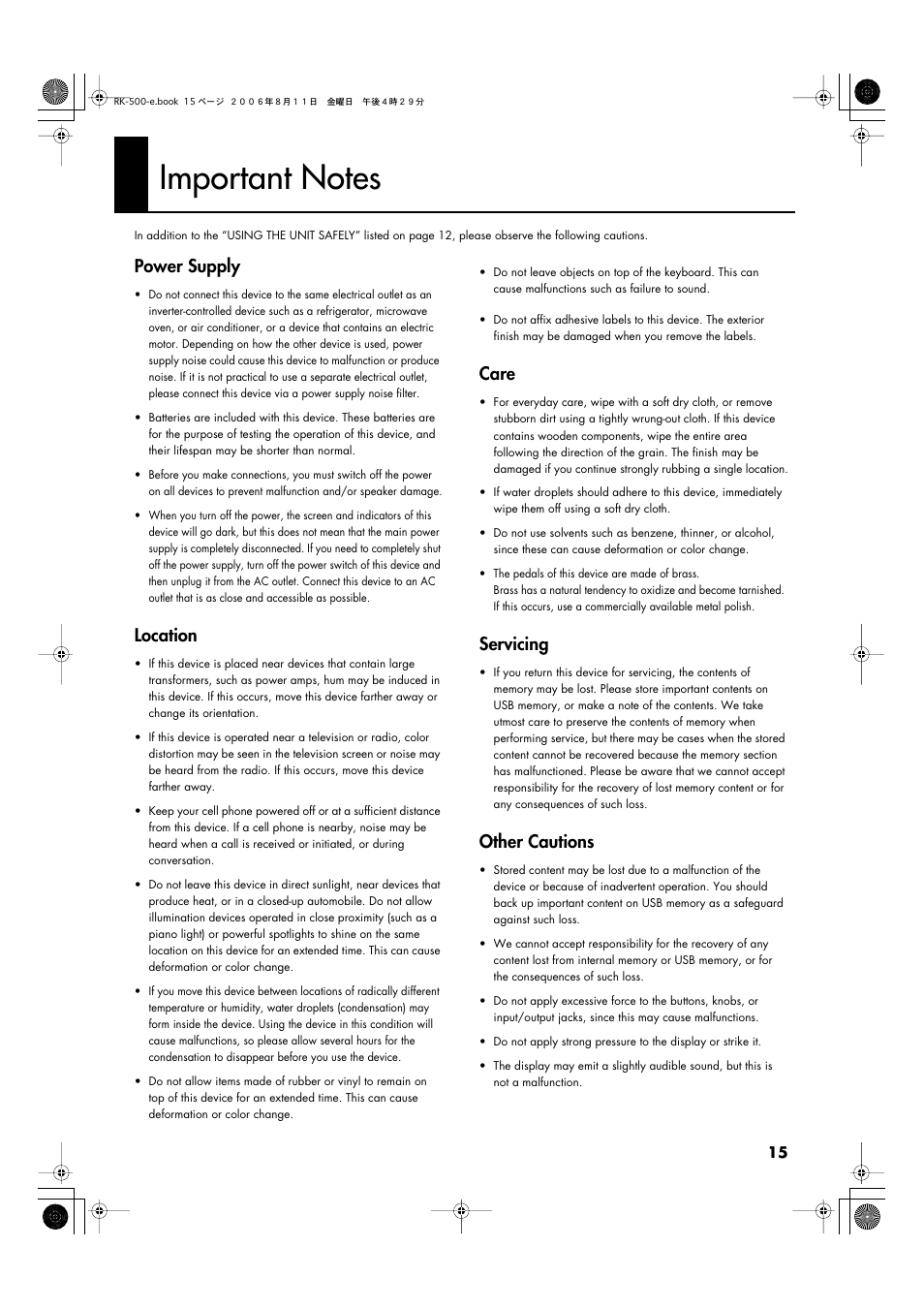 Important notes, Power supply, Location | Care, Servicing, Other cautions | Roland RK-500 User Manual | Page 16 / 166