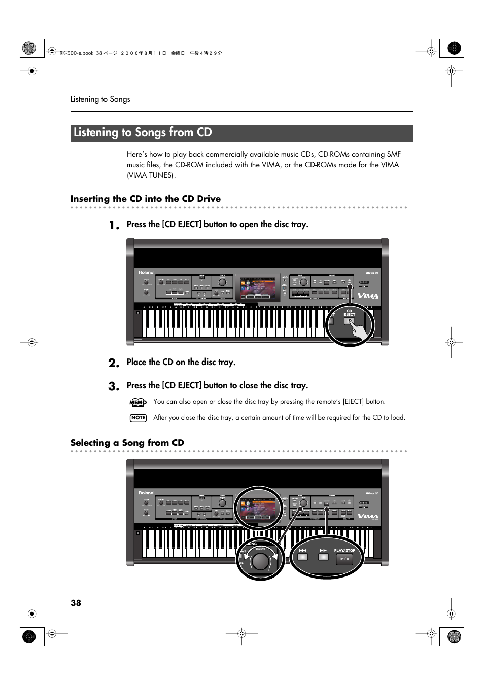 Listening to songs from cd, Opens or closes the cd drive (p. 38), Listening to songs from cd” (p. 38) | Roland RK-500 User Manual | Page 39 / 166