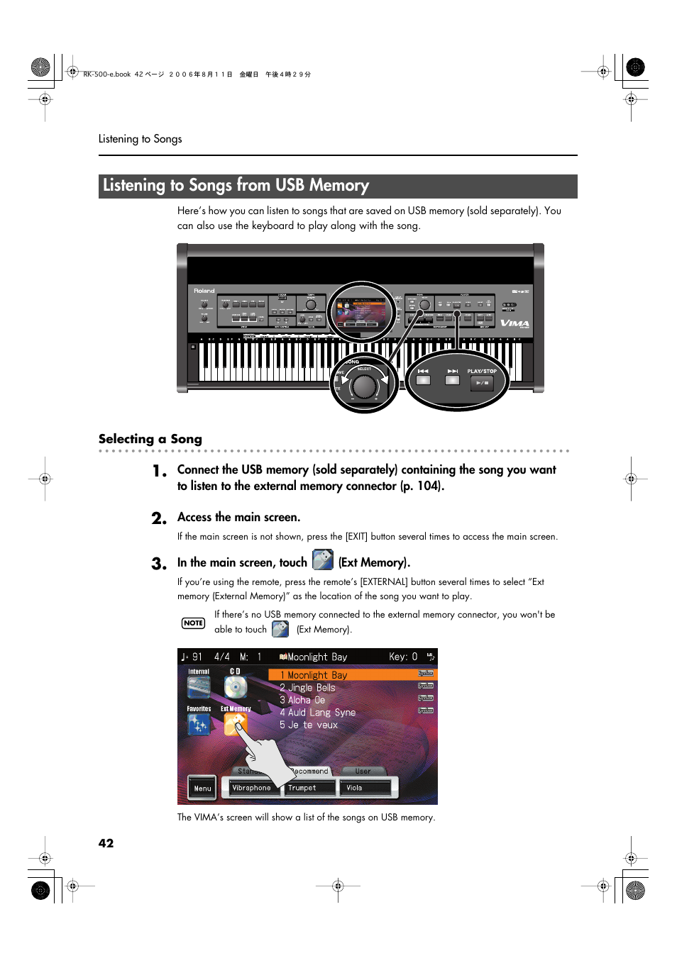 Listening to songs from usb memory, Listening to songs from usb memory” (p. 42) | Roland RK-500 User Manual | Page 43 / 166