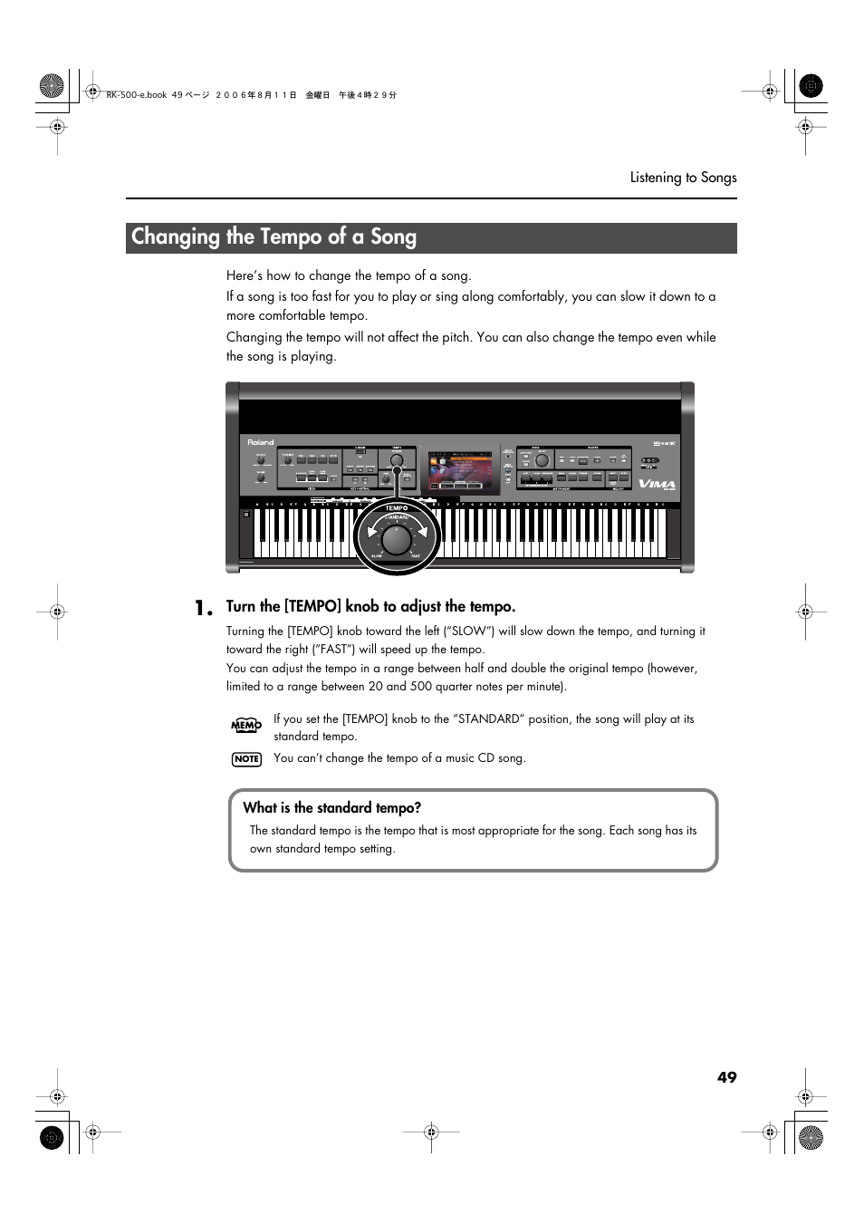 Changing the tempo of a song, Adjusts the tempo of the song (p. 49), Adjust the tempo of the song (p. 49) | Roland RK-500 User Manual | Page 50 / 166