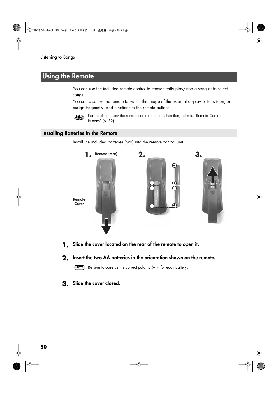 Using the remote, Installing batteries in the remote, Operate it (p. 50) | Roland RK-500 User Manual | Page 51 / 166