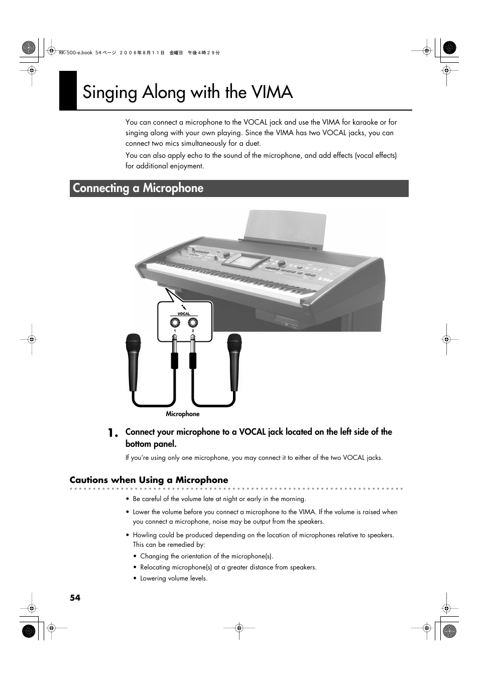 Singing along with the vima, Connecting a microphone, Together (p. 54) | Roland RK-500 User Manual | Page 55 / 166