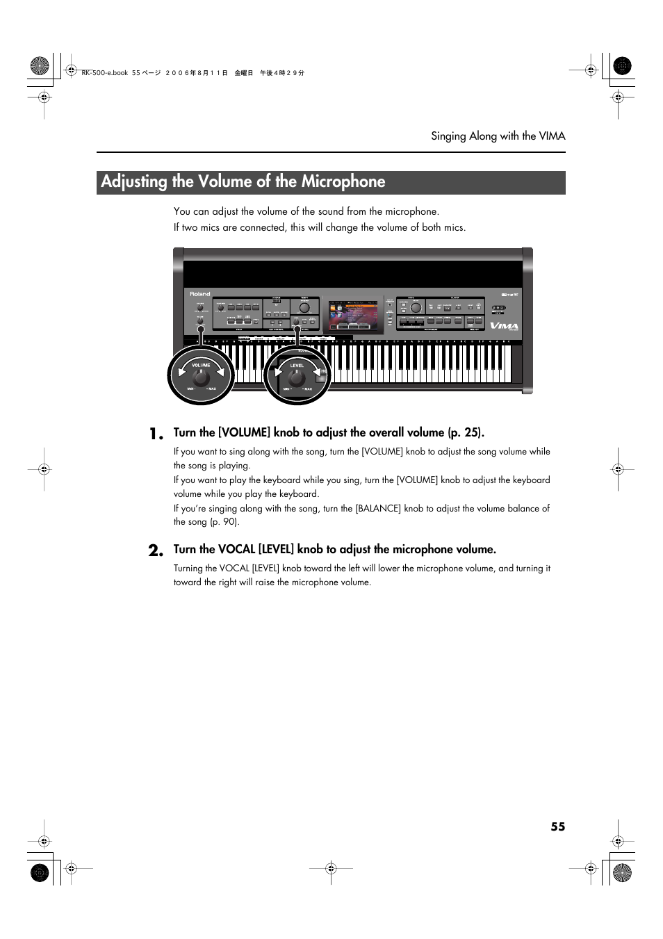 Adjusting the volume of the microphone, P. 55), Level] knob (p. 55) | Roland RK-500 User Manual | Page 56 / 166