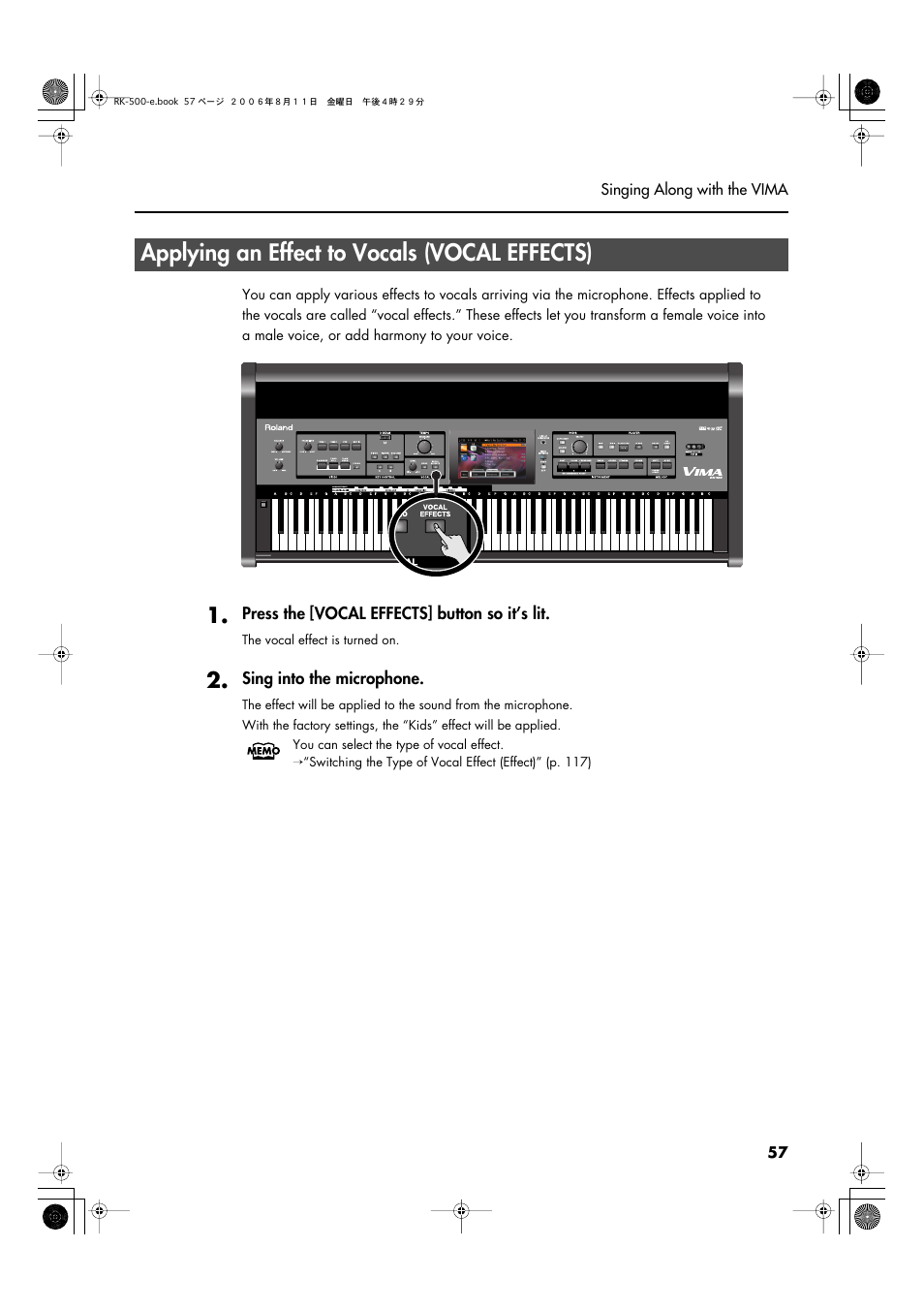 Applying an effect to vocals (vocal effects) | Roland RK-500 User Manual | Page 58 / 166