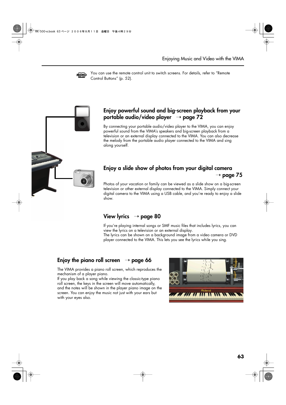 View lyrics ➝ page 80, Enjoy the piano roll screen ➝ page 66 | Roland RK-500 User Manual | Page 64 / 166