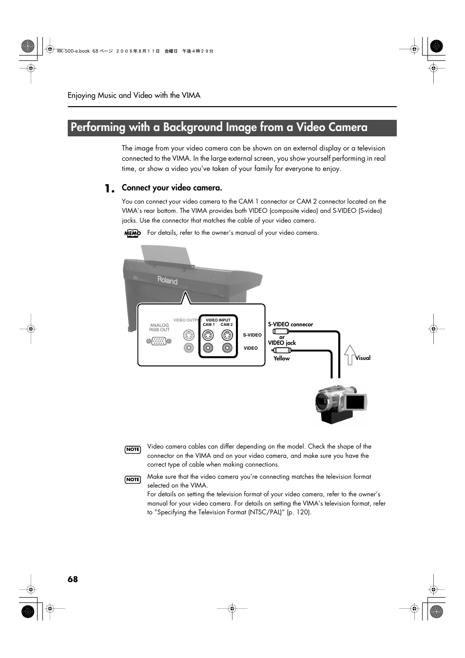 P. 68), Connect your video camera | Roland RK-500 User Manual | Page 69 / 166