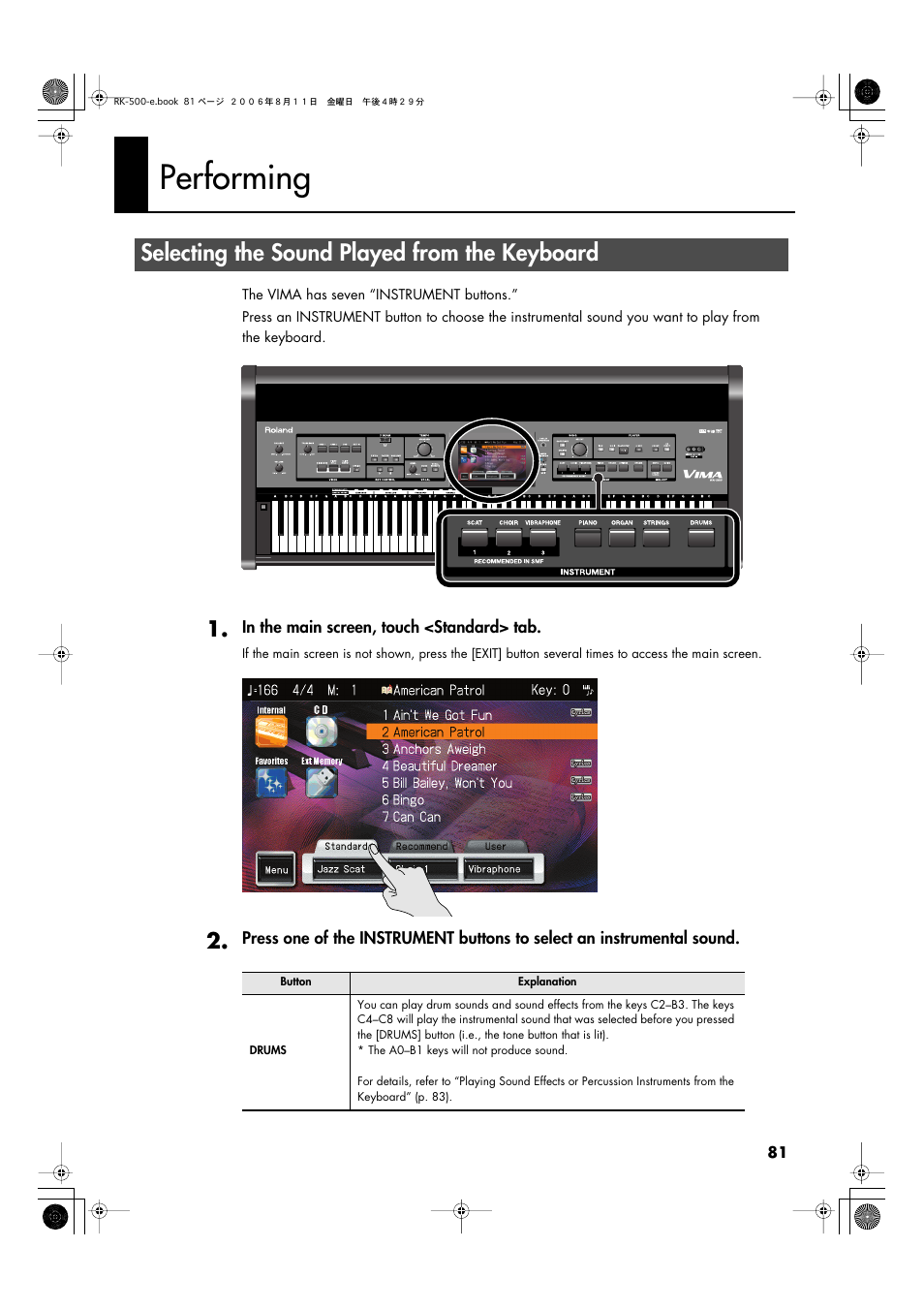 Performing, Selecting the sound played from the keyboard, The keyboard (p. 81) | Roland RK-500 User Manual | Page 82 / 166