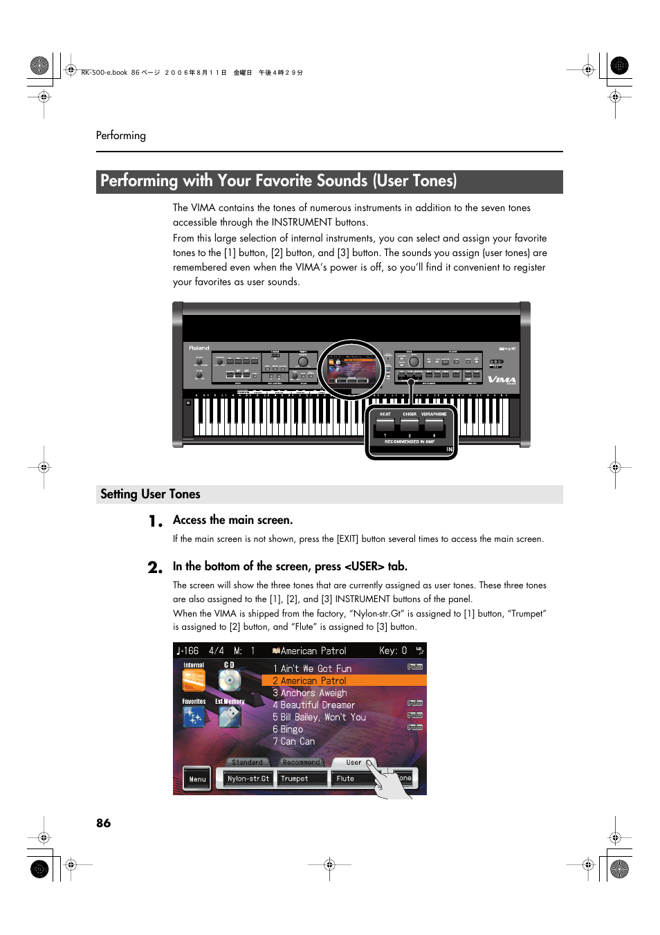 Performing with your favorite sounds (user tones), Setting user tones | Roland RK-500 User Manual | Page 87 / 166
