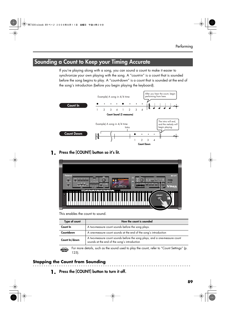Sounding a count to keep your timing accurate, Sound a count-in when recording (p. 89), Press the [count] button so it’s lit | Stopping the count from sounding, Press the [count] button to turn it off | Roland RK-500 User Manual | Page 90 / 166