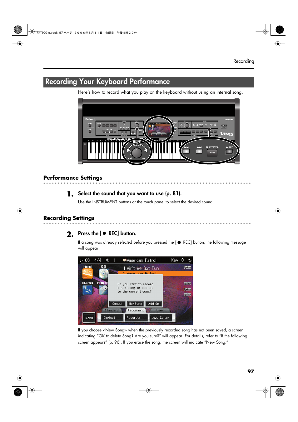Recording your keyboard performance, Recording your keyboard performance” (p | Roland RK-500 User Manual | Page 98 / 166