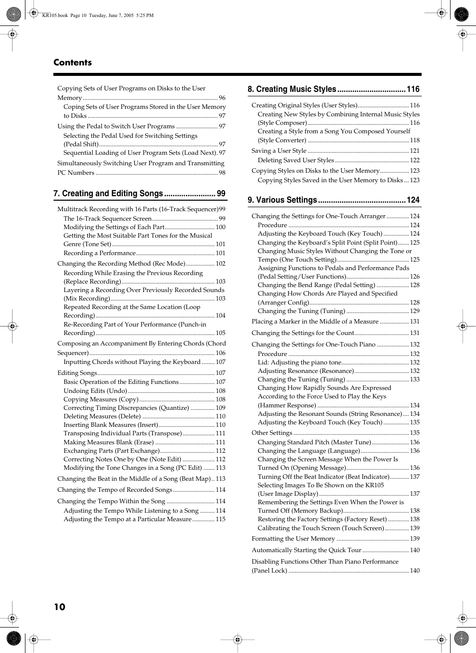 10 contents, Creating and editing songs, Creating music styles | Various settings | Roland KR105 User Manual | Page 10 / 176