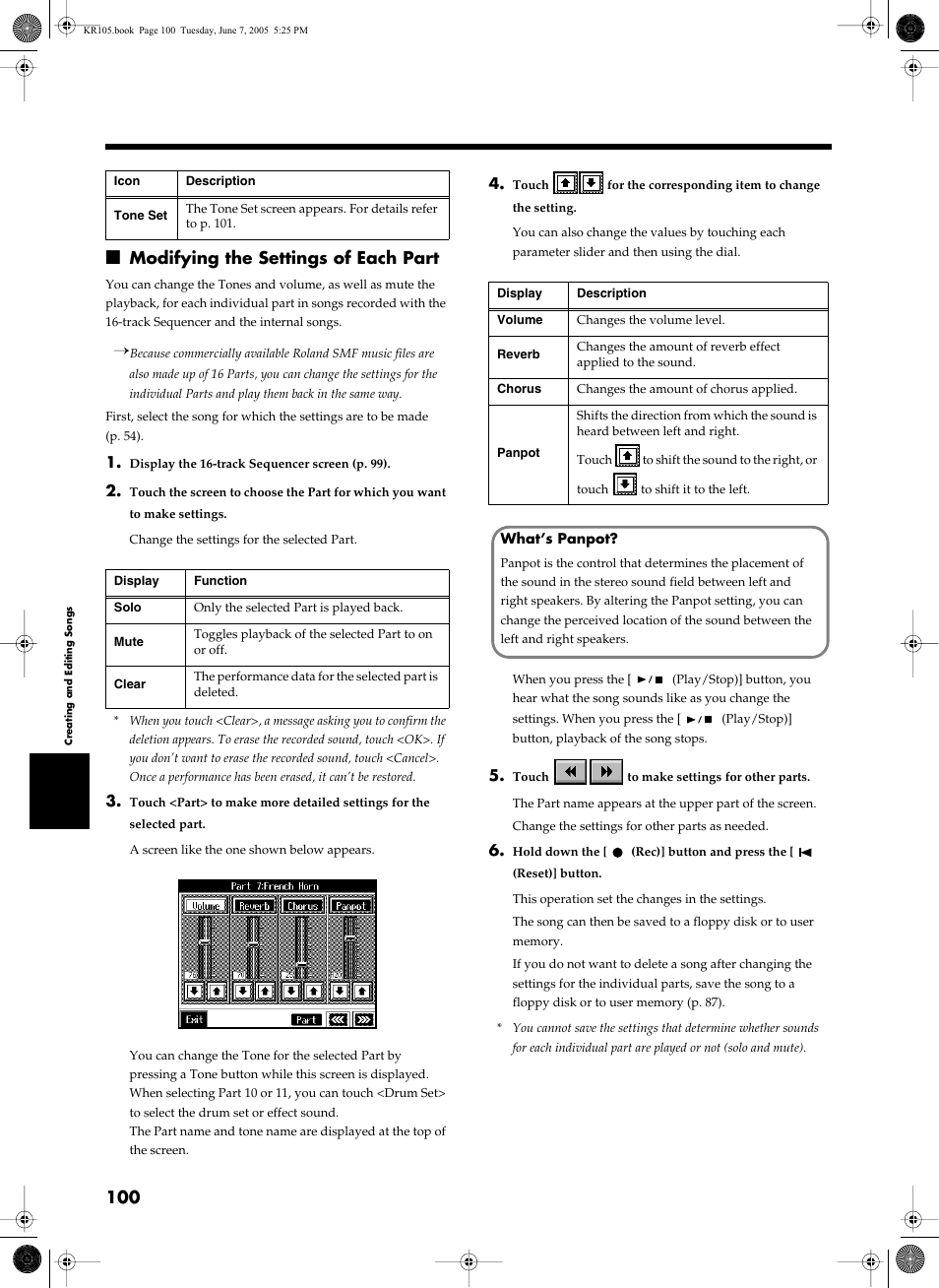 Modifying the settings of each part, Modifying the settings of each part” (p. 100), S settings (see p. 100), the following | Part. for details refer to p. 100 | Roland KR105 User Manual | Page 100 / 176