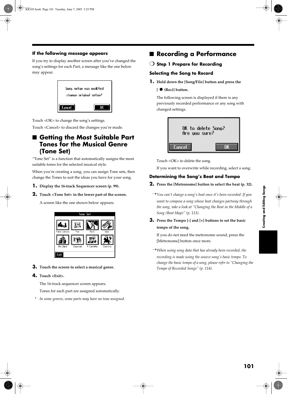 Recording a performance, To p. 101 | Roland KR105 User Manual | Page 101 / 176