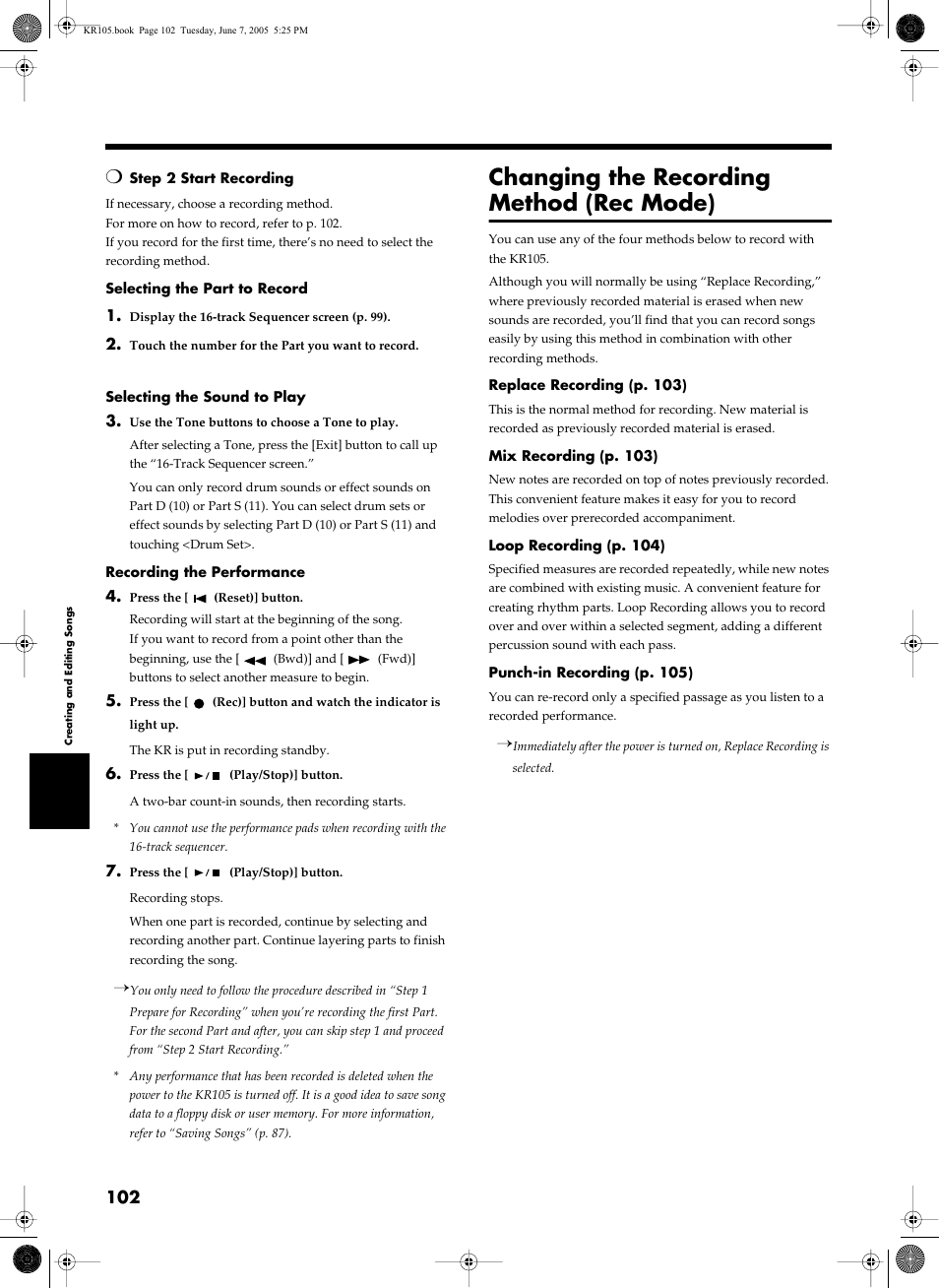 Changing the recording method (rec mode) | Roland KR105 User Manual | Page 102 / 176