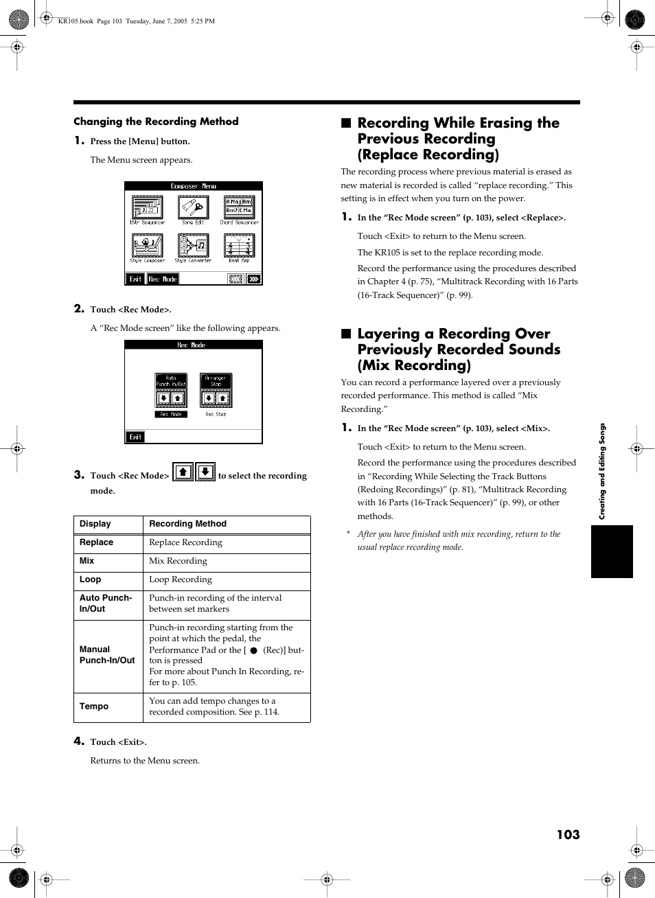 Replace recording (p. 103), Mix recording (p. 103) | Roland KR105 User Manual | Page 103 / 176
