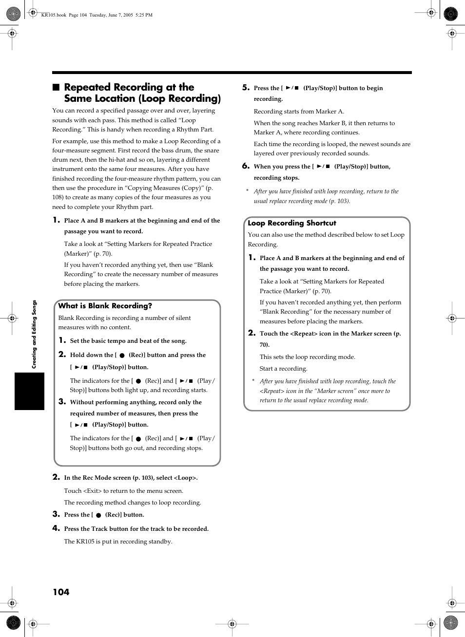 Loop recording (p. 104) | Roland KR105 User Manual | Page 104 / 176