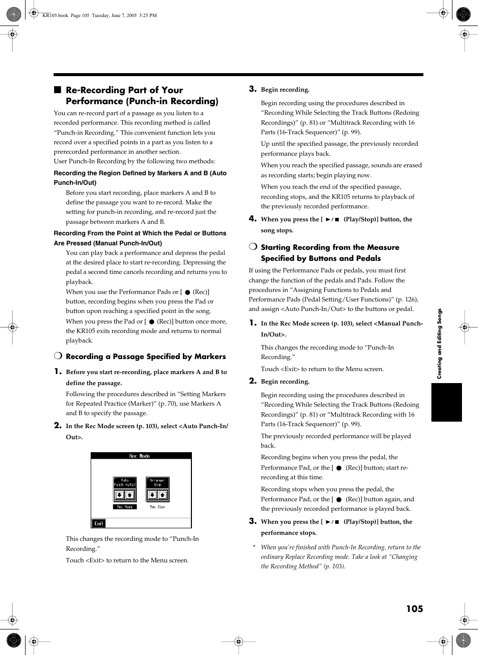 Punch-in recording (p. 105), Fer to p. 105 | Roland KR105 User Manual | Page 105 / 176