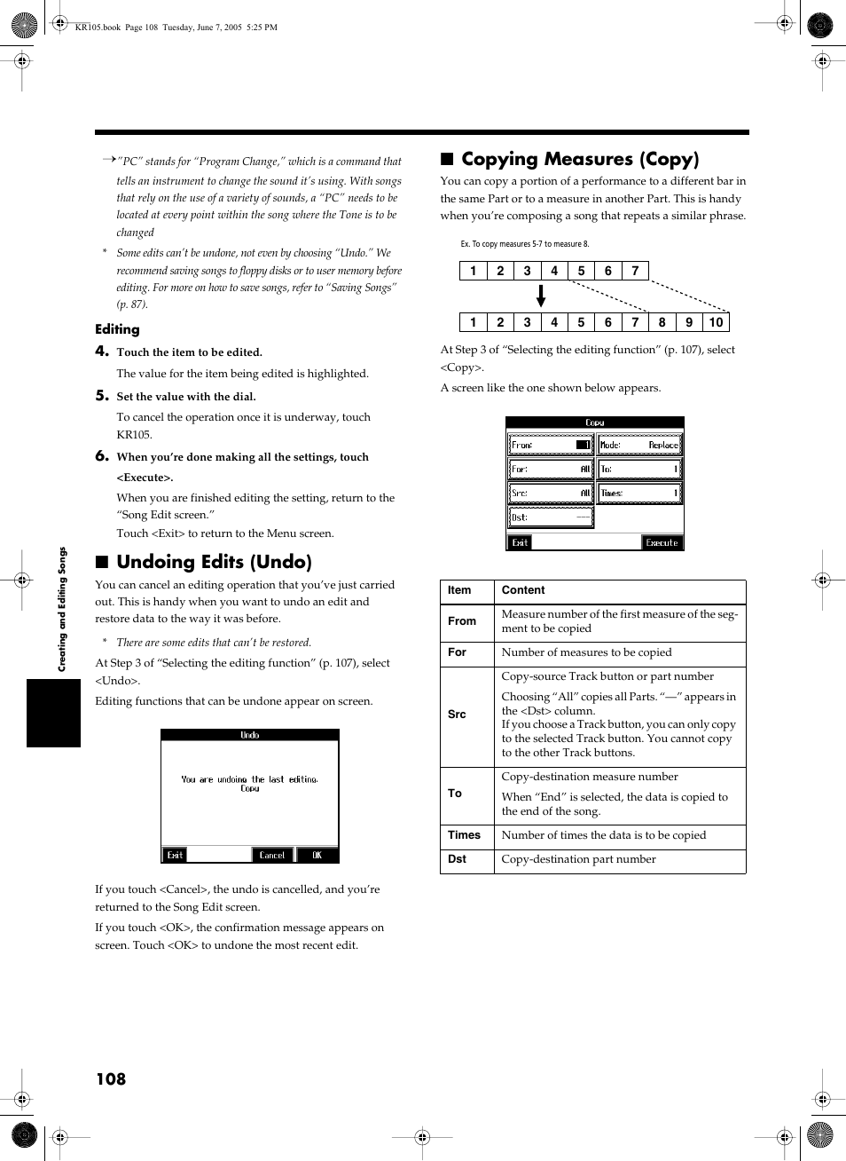 Undoing edits (undo), Copying measures (copy), Undoing edits (undo) copying measures (copy) | P. 108 | Roland KR105 User Manual | Page 108 / 176