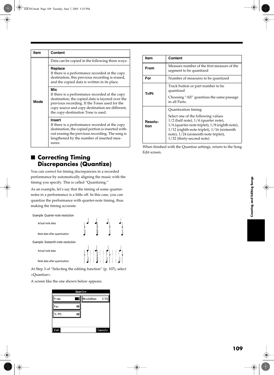 Correcting timing discrepancies (quantize), P. 109 | Roland KR105 User Manual | Page 109 / 176