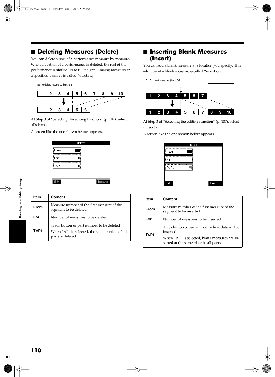 Deleting measures (delete), Inserting blank measures (insert), P. 110 | Roland KR105 User Manual | Page 110 / 176