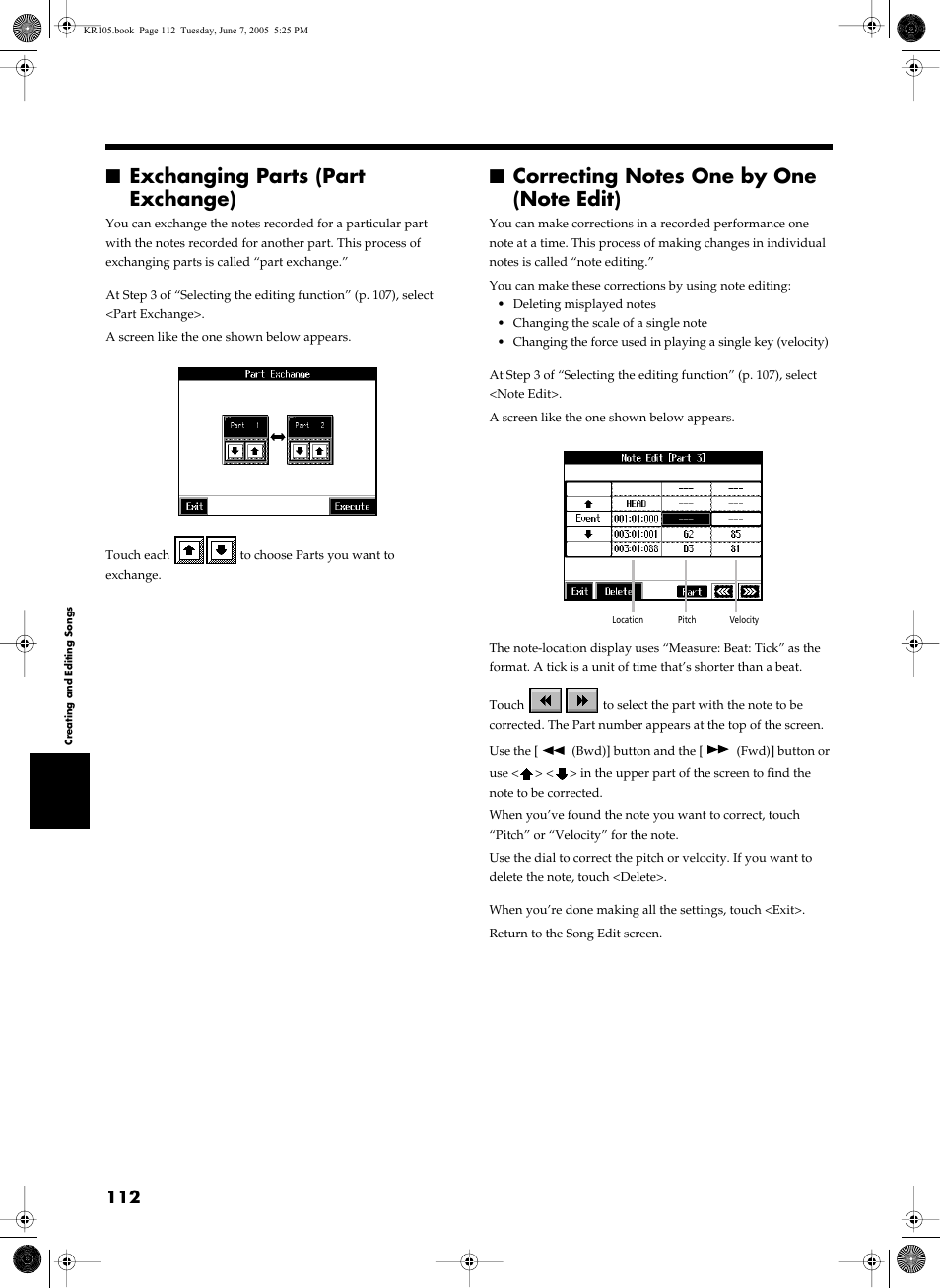 Exchanging parts (part exchange), Correcting notes one by one (note edit), P. 112 | Roland KR105 User Manual | Page 112 / 176