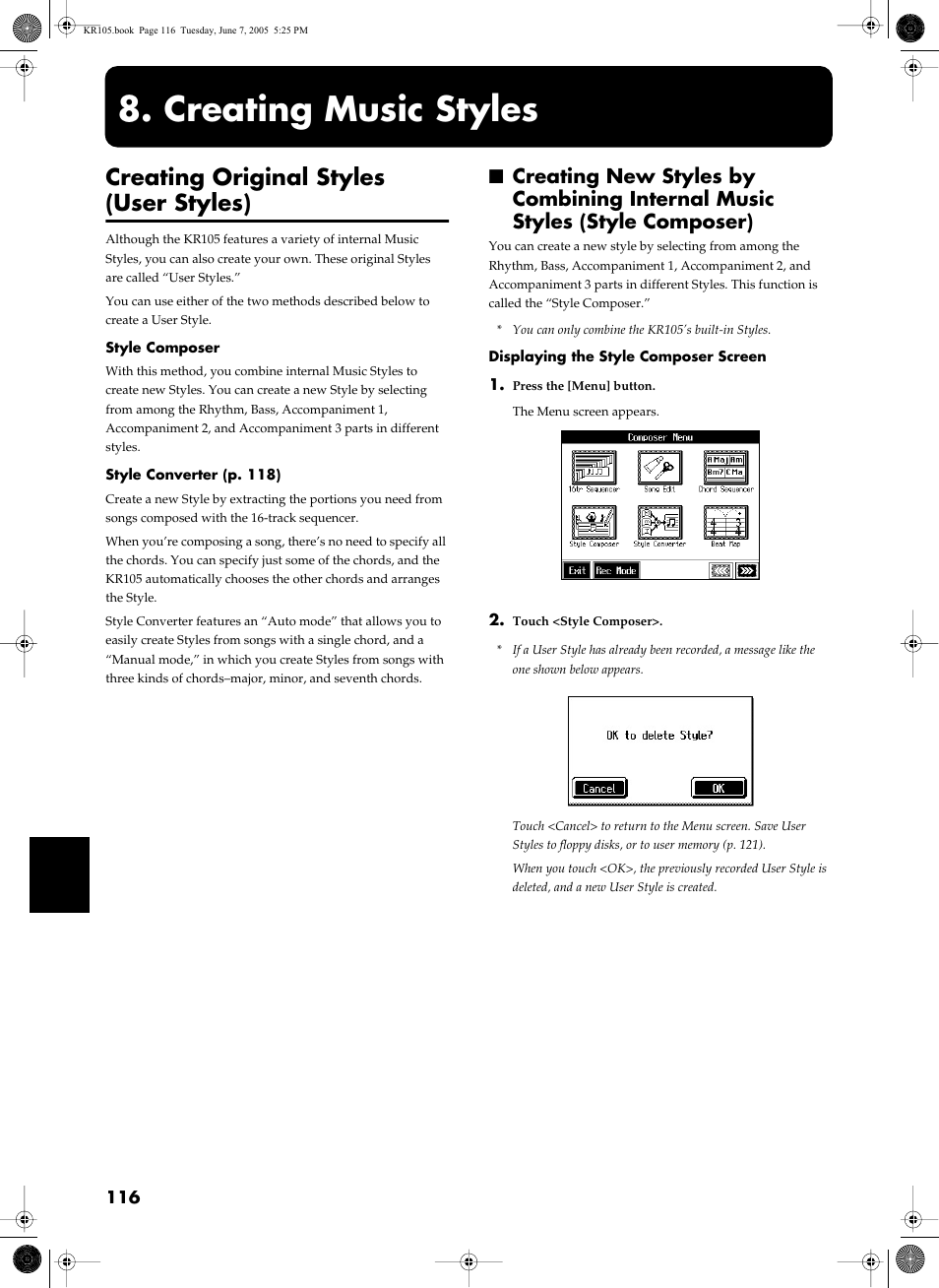 Creating music styles, Creating original styles (user styles) | Roland KR105 User Manual | Page 116 / 176