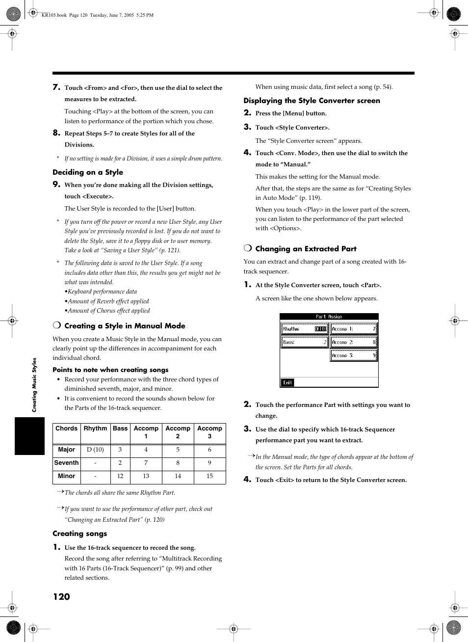 Changing an extracted part” (p. 120) | Roland KR105 User Manual | Page 120 / 176