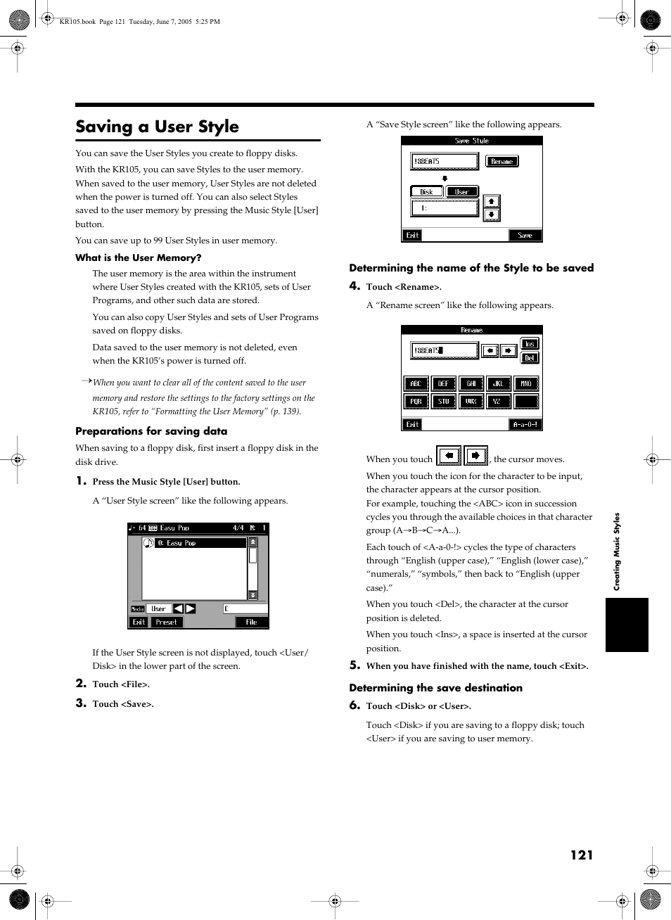 Saving a user style, Saving a user style” (p. 121) | Roland KR105 User Manual | Page 121 / 176