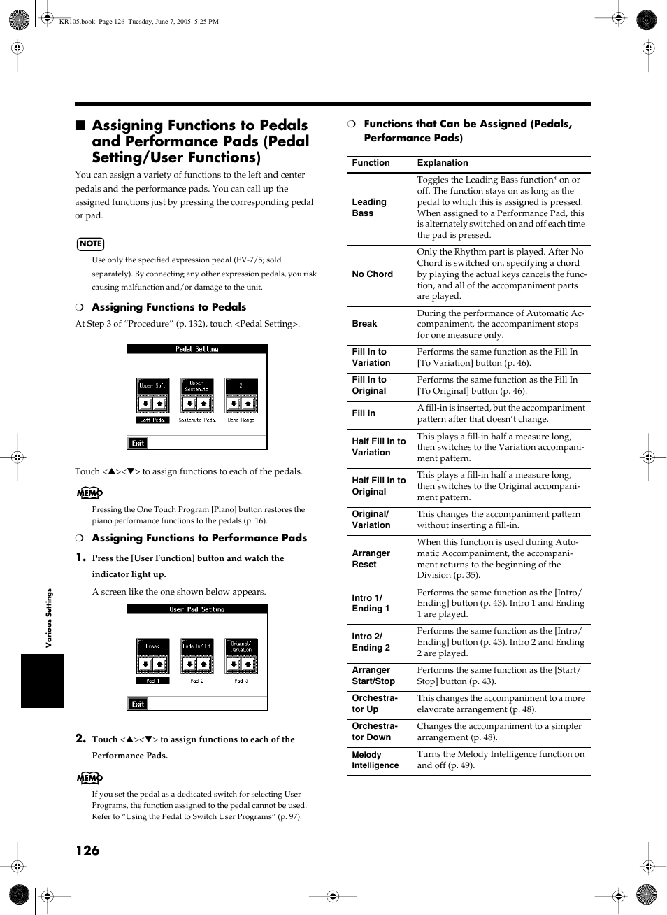 Performance pads (p. 126), Assigning | Roland KR105 User Manual | Page 126 / 176