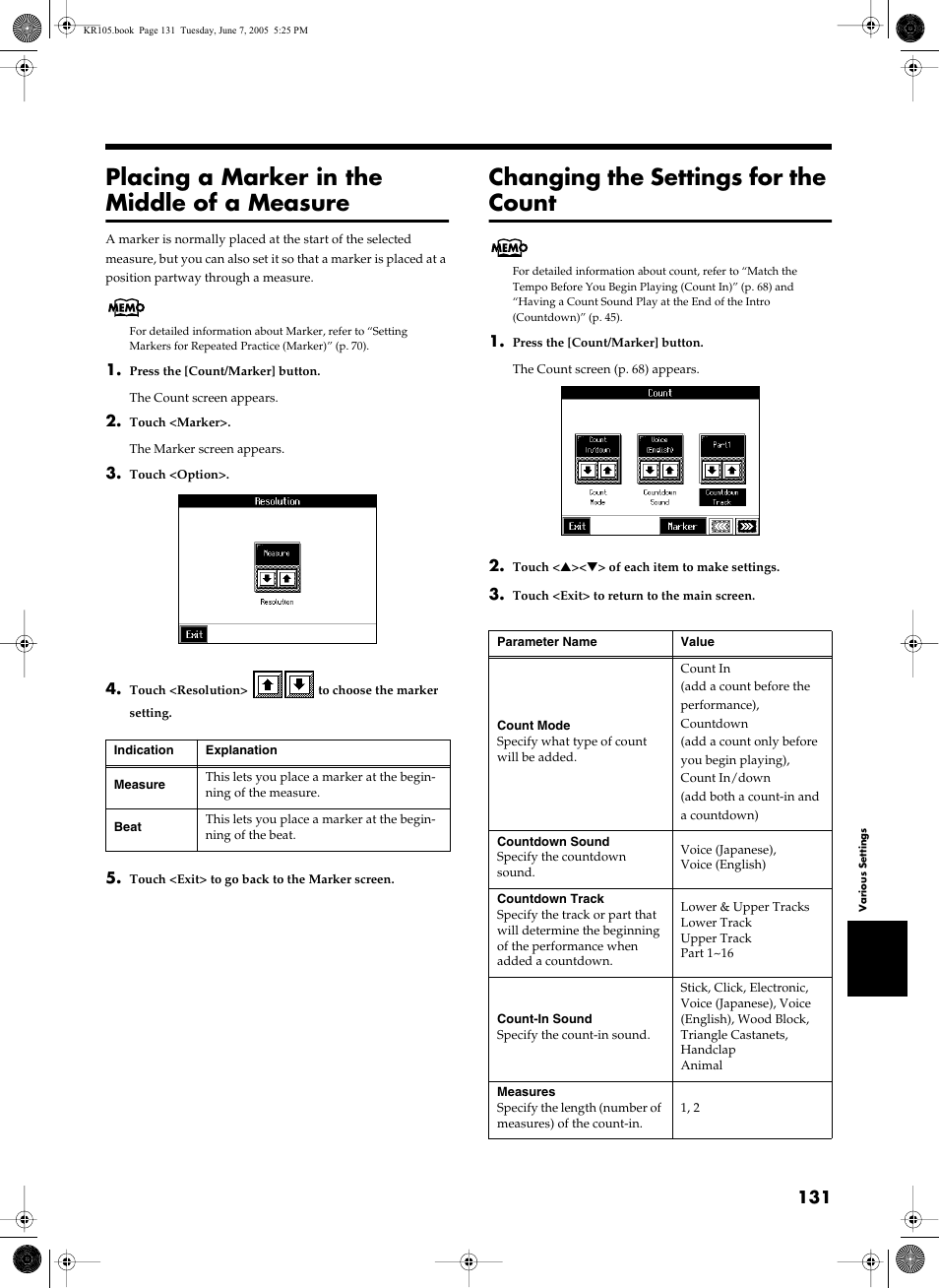 Placing a marker in the middle of a measure, Changing the settings for the count | Roland KR105 User Manual | Page 131 / 176