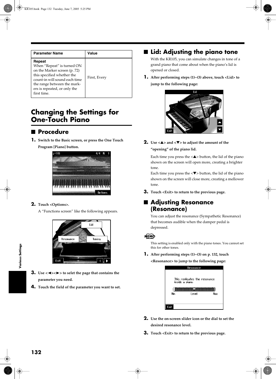 Changing the settings for one-touch piano, Procedure, Lid: adjusting the piano tone | Adjusting resonance (resonance) | Roland KR105 User Manual | Page 132 / 176