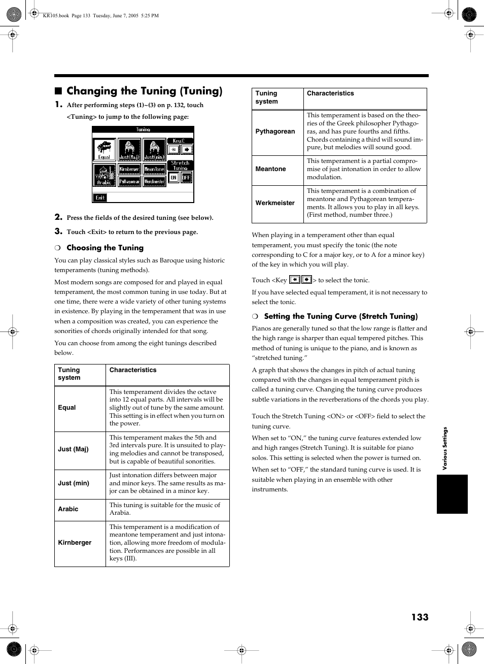 Changing the tuning (tuning) | Roland KR105 User Manual | Page 133 / 176