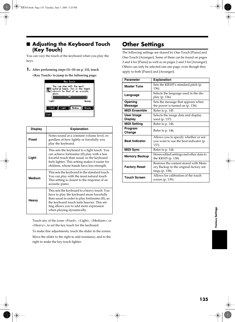 Adjusting the keyboard touch (key touch), Other settings | Roland KR105 User Manual | Page 135 / 176