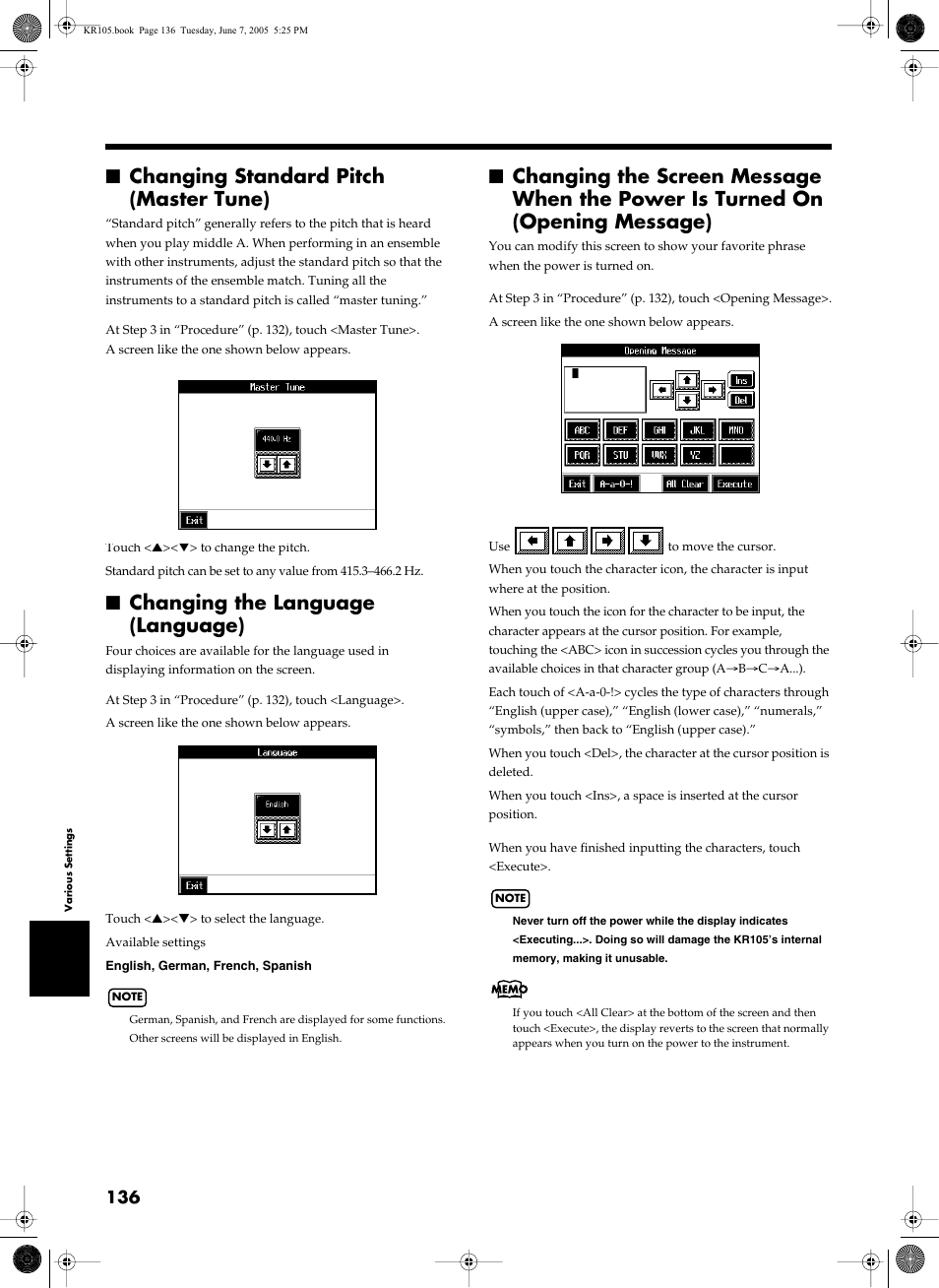 Changing standard pitch (master tune), Changing the language (language), S standard pitch (p. 136) | Play (p. 136), The power is turned on (p. 136) | Roland KR105 User Manual | Page 136 / 176