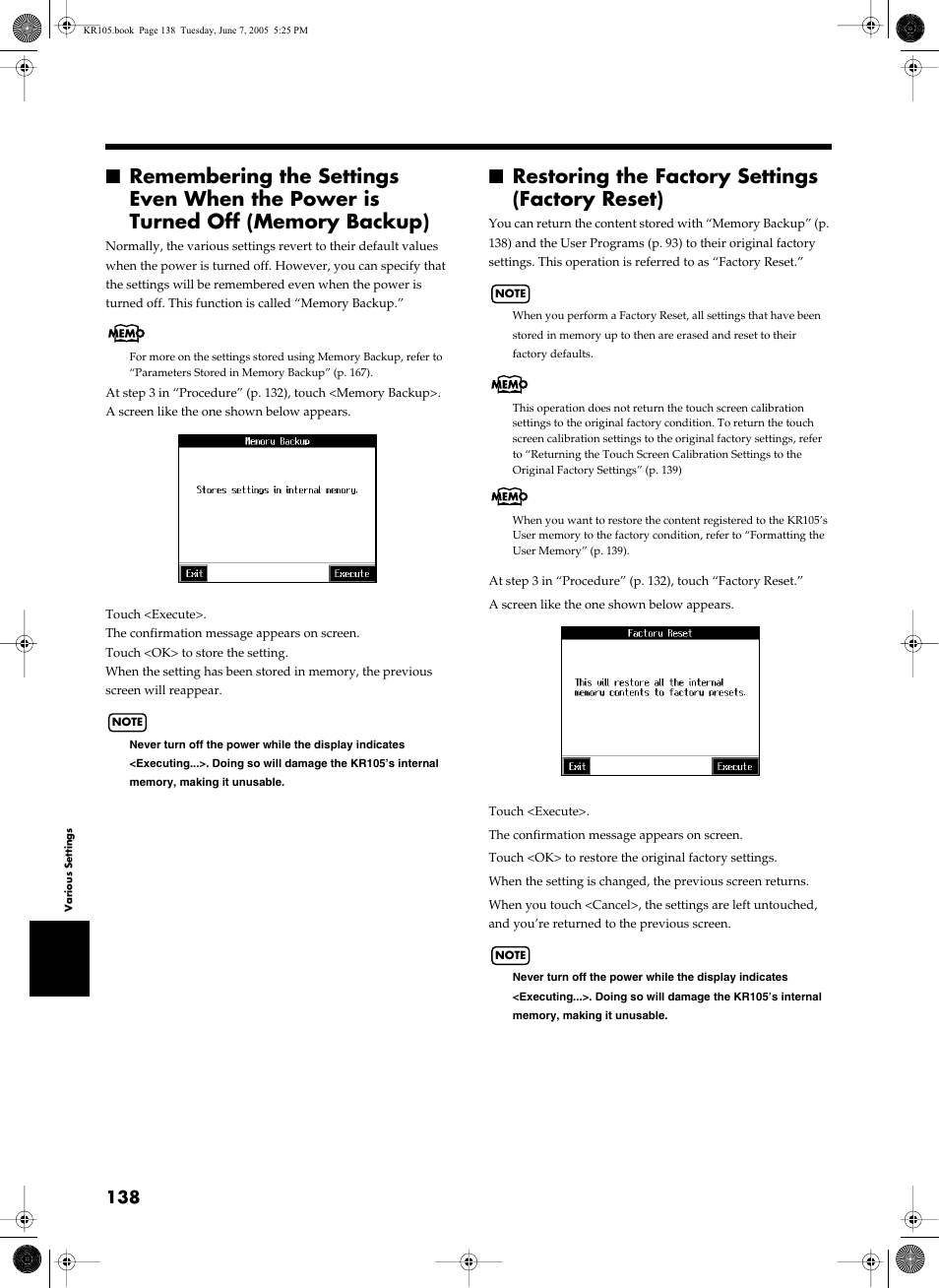 Restoring the factory settings (factory reset), The kr105 (p. 138), Tings (p. 138) | Roland KR105 User Manual | Page 138 / 176