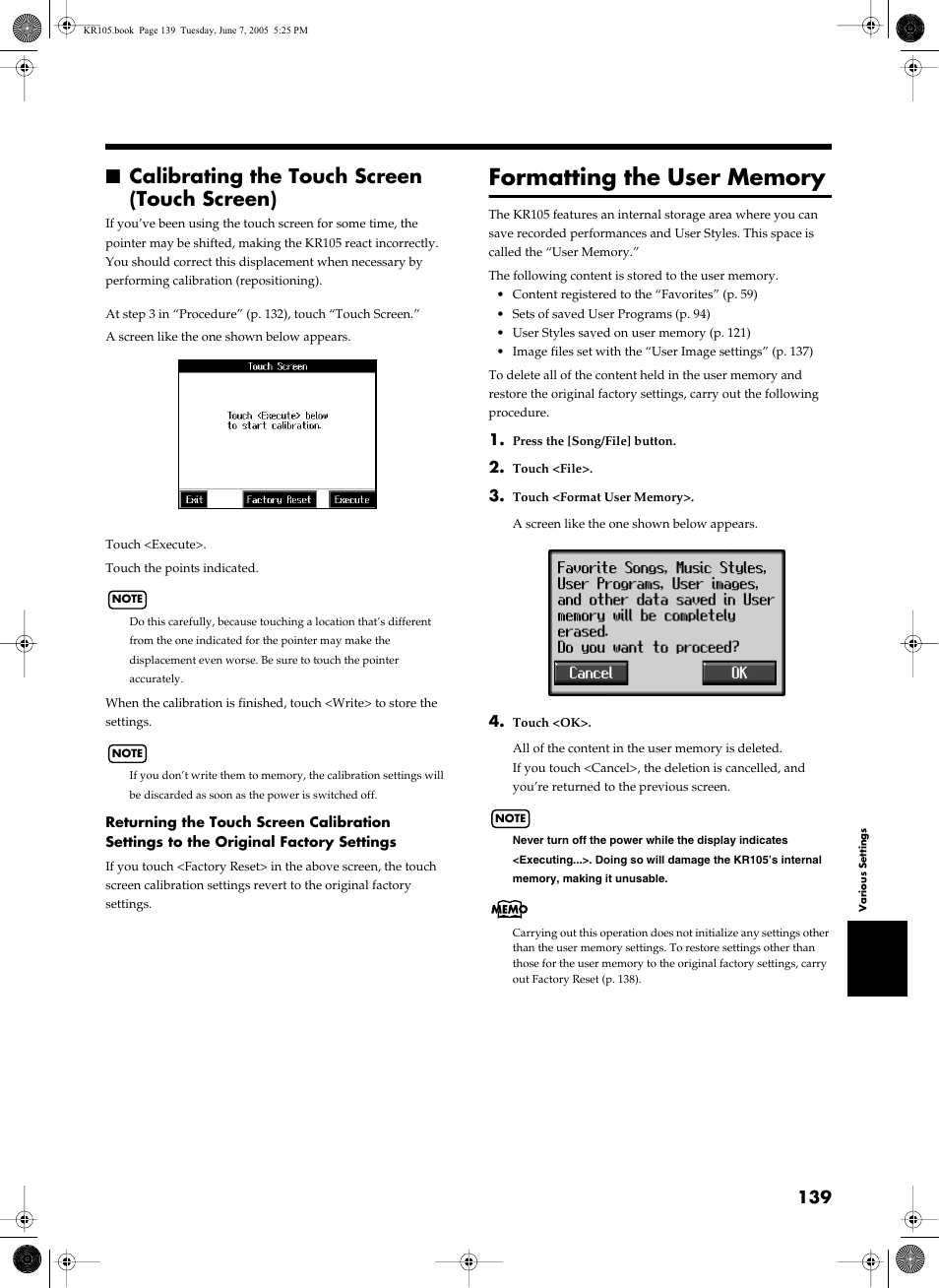 Calibrating the touch screen (touch screen), Formatting the user memory, Formatting the user memory” (p. 139) | Screen (p. 139) | Roland KR105 User Manual | Page 139 / 176