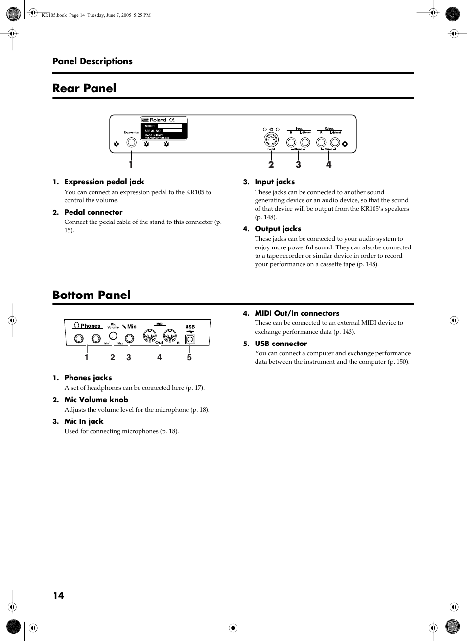 Rear panel, Bottom panel | Roland KR105 User Manual | Page 14 / 176