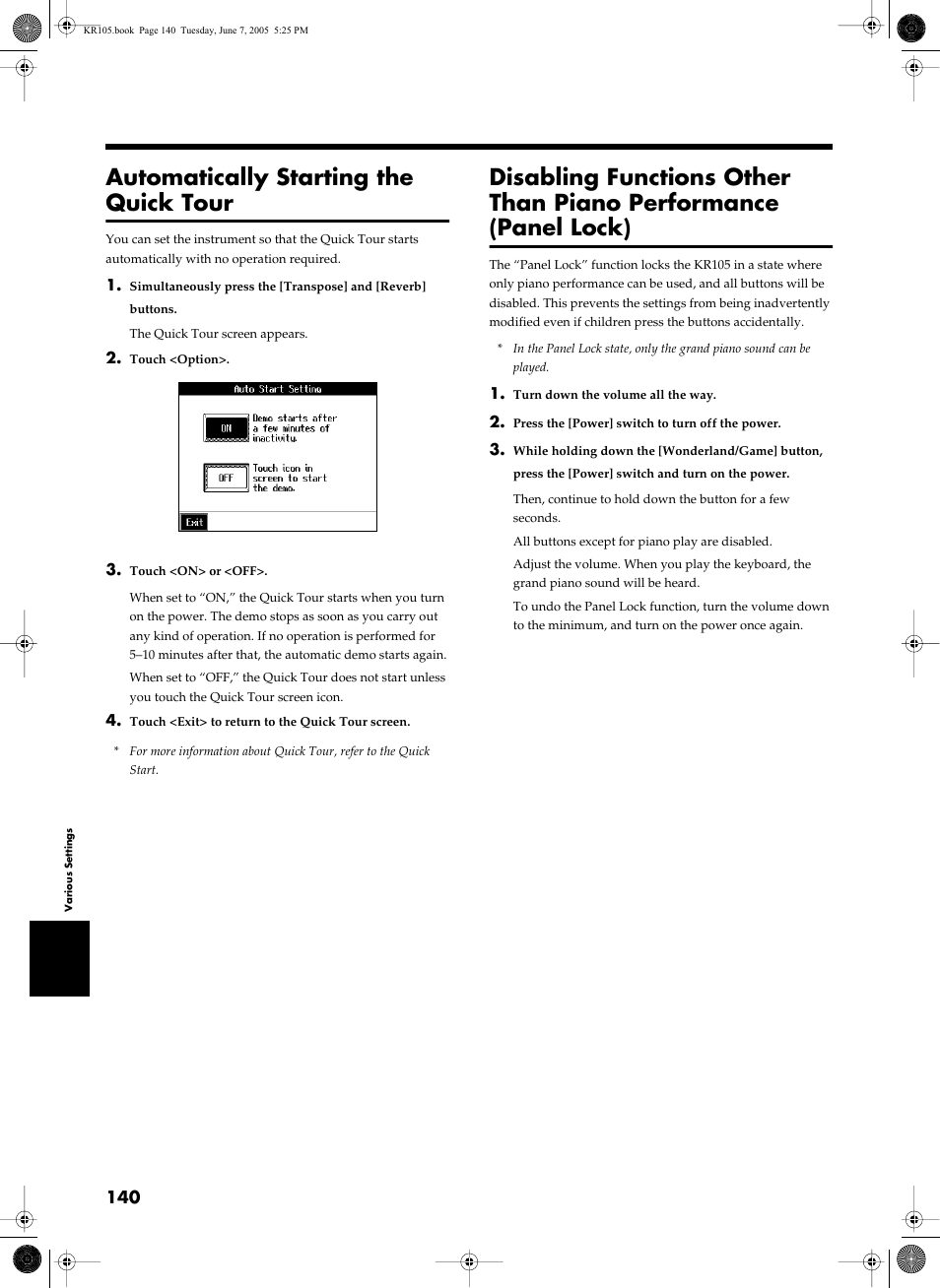 Automatically starting the quick tour, P. 140) | Roland KR105 User Manual | Page 140 / 176