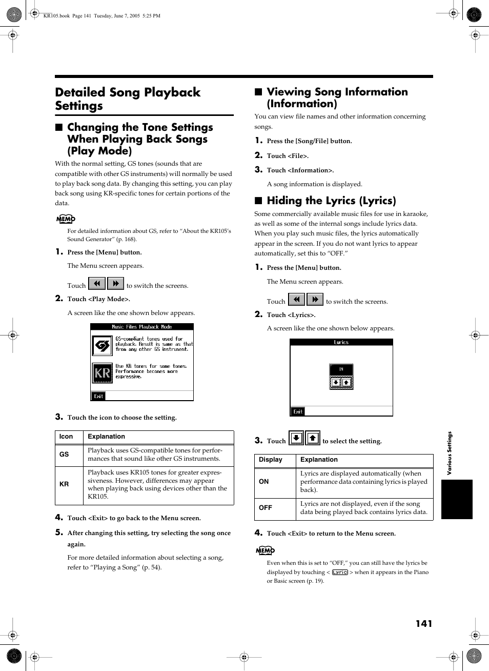 Detailed song playback settings, Viewing song information (information), Hiding the lyrics (lyrics) | Roland KR105 User Manual | Page 141 / 176