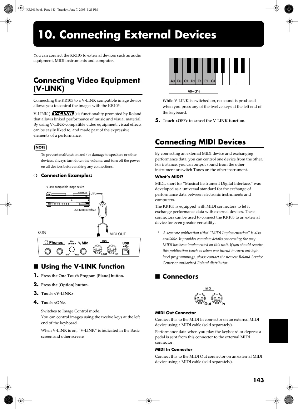 Connecting external devices, Connecting video equipment (v-link), Using the v-link function | Connecting midi devices, Connectors, Exchange performance data (p. 143) | Roland KR105 User Manual | Page 143 / 176