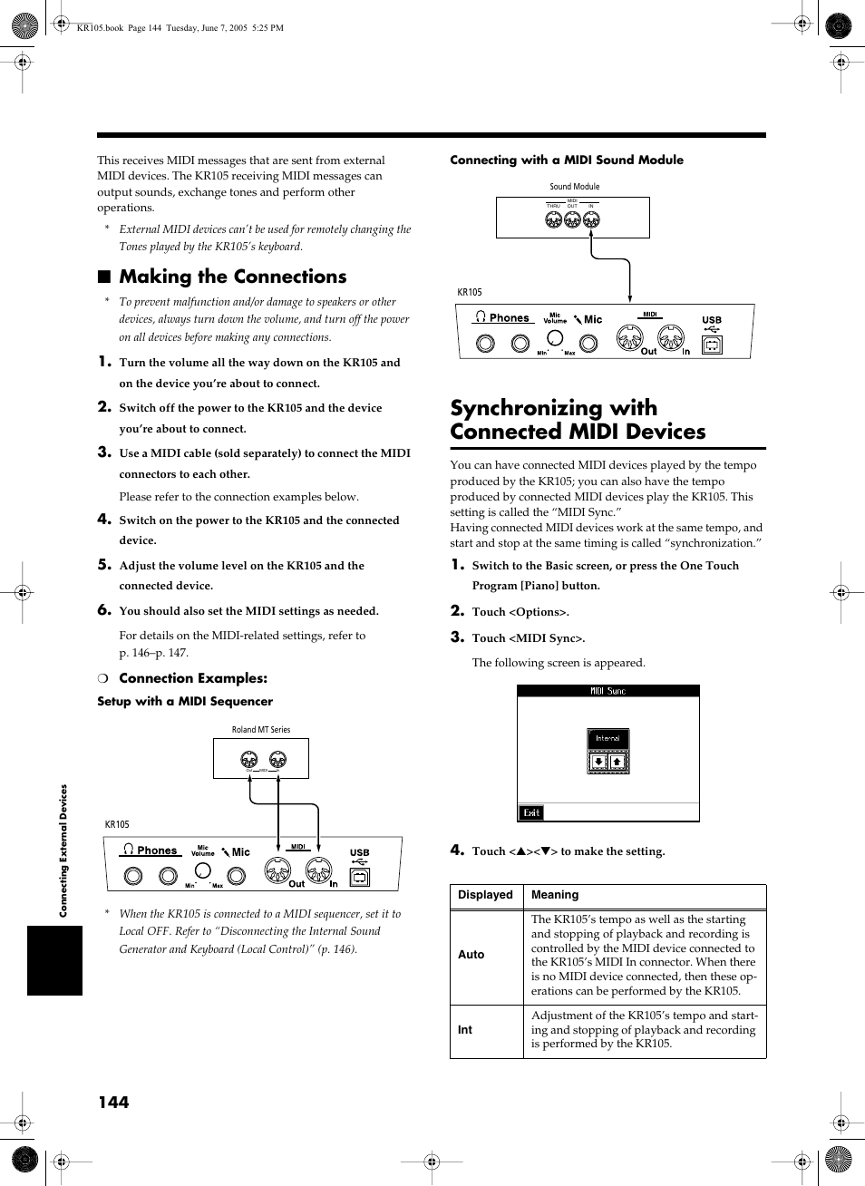 Making the connections, Synchronizing with connected midi devices, Refer to p. 144 | Roland KR105 User Manual | Page 144 / 176
