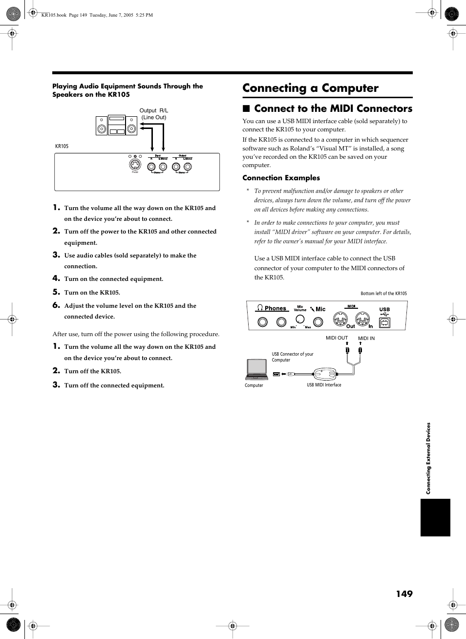 Connecting a computer, Connect to the midi connectors | Roland KR105 User Manual | Page 149 / 176