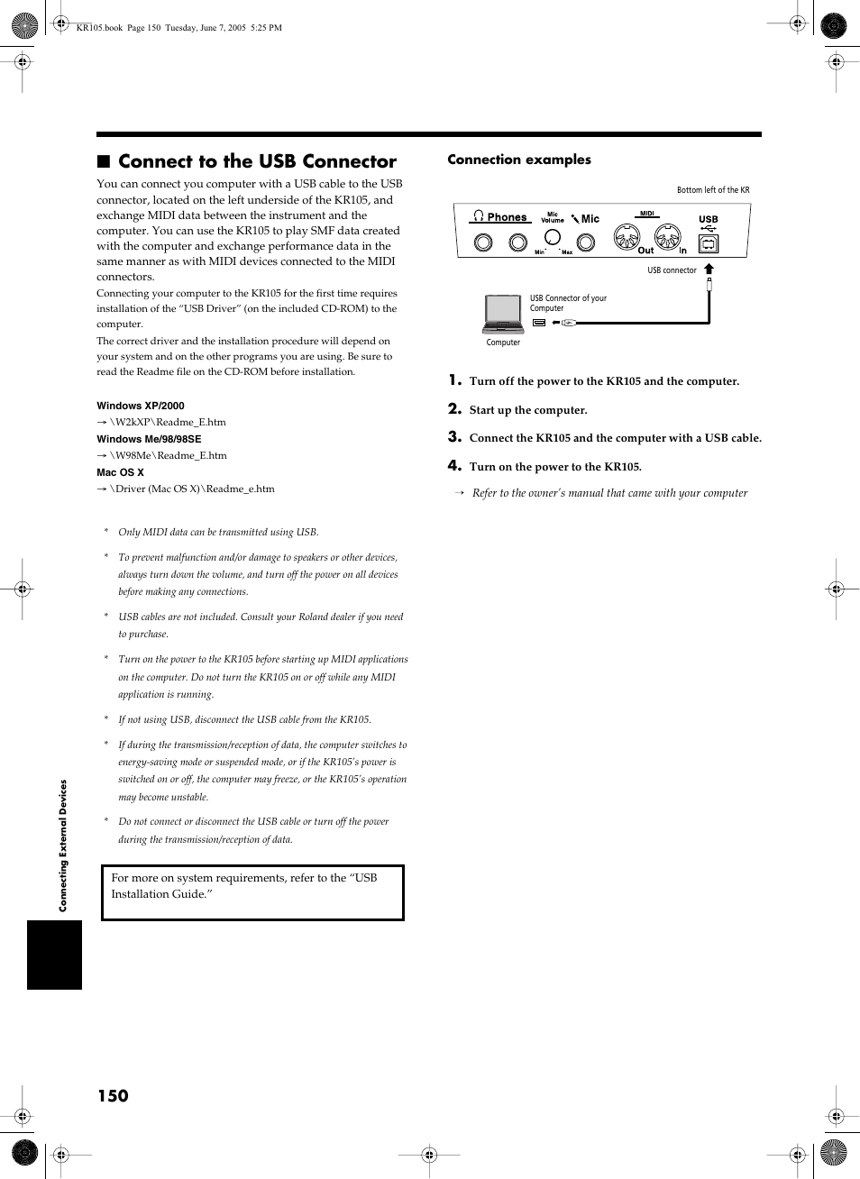Connect to the usb connector | Roland KR105 User Manual | Page 150 / 176
